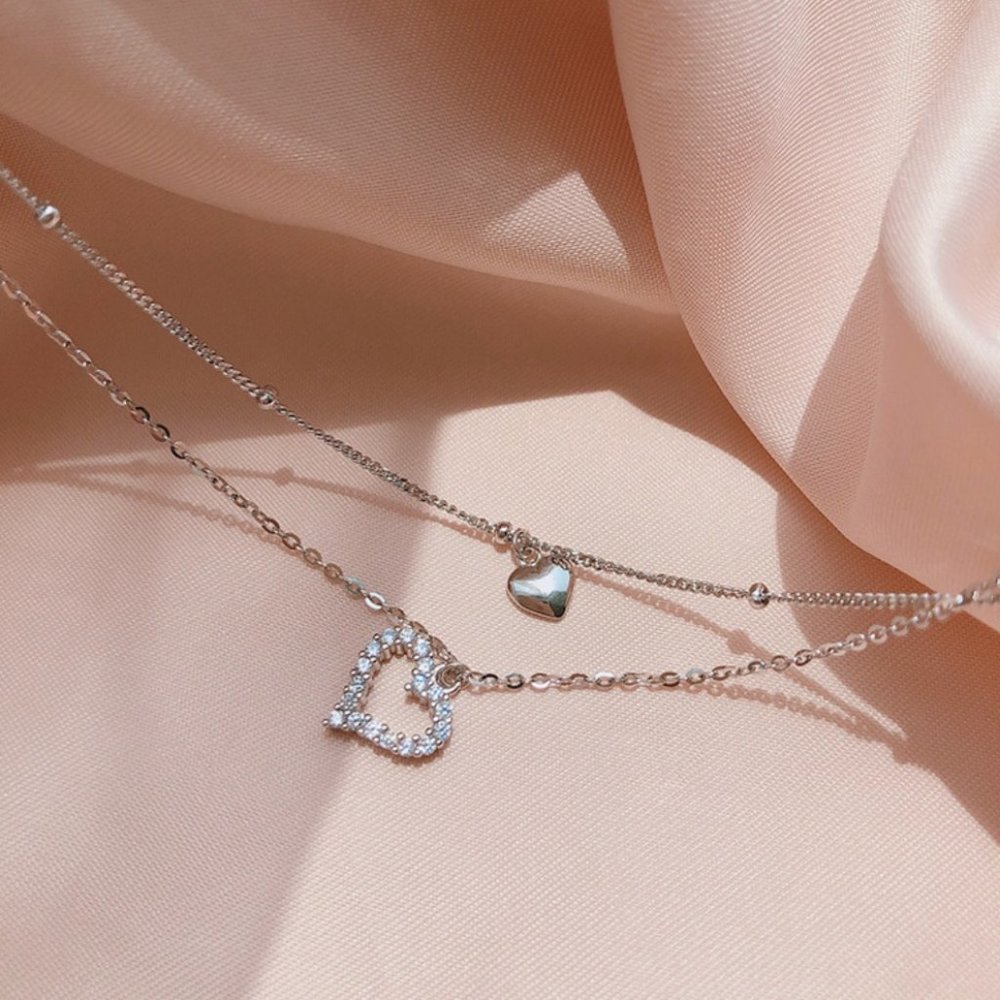 925 Sterling Silver Double Layer Heart Necklace Choker-NEW - Picture 9 of 16
